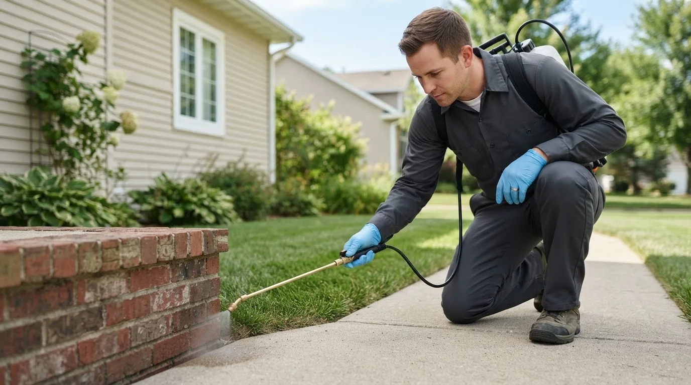 Pest control technician treating a home near Stanleytown, VA