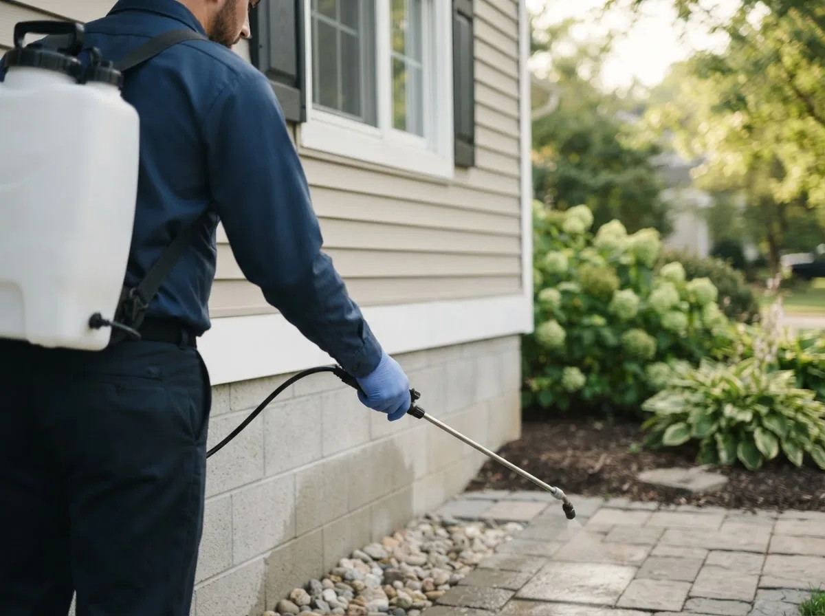 Pest control technician inspecting a home in Stanleytown, VA